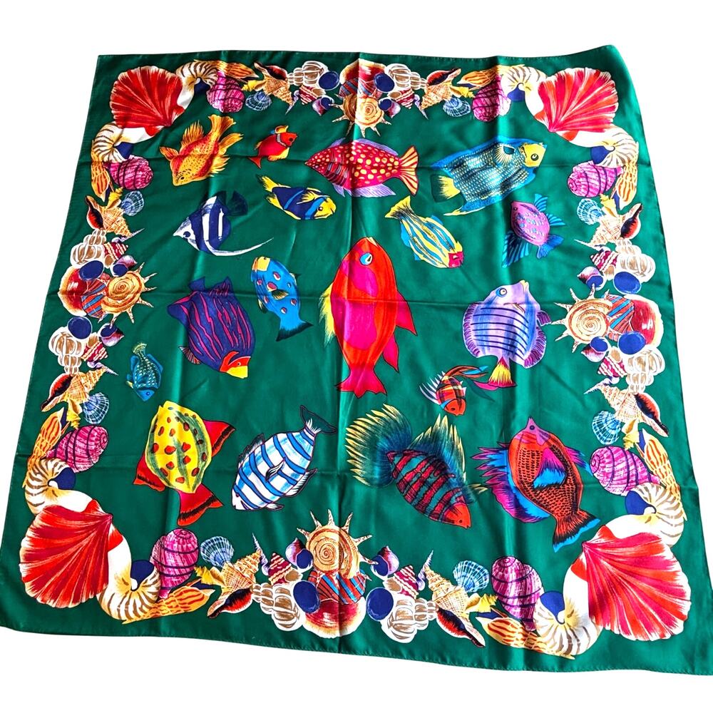 Silky green scarf large square mod colorful fish motif gem tones ocean novelty